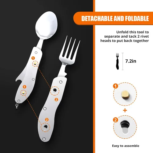 Miniatura 6 de Utensilios para campamento HIKENTURE 4 en 1, juego de tenedor, cuchillo, cuchara y abridor de botellas de acero inoxidable con estuche de Negro