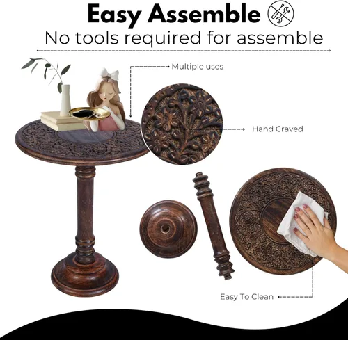 Miniatura 5 de Mesa auxiliar para sala de estar – Mesa auxiliar de madera de mango tallada a mano de 18x22 pulgadas, Mesa de acento tipo pedestal para mesita