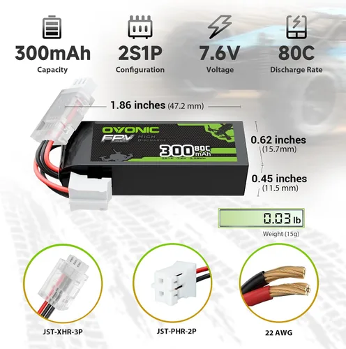 Miniatura 2 de OVONIC Batería Lipo de 7.6V 80C 300mAh 2S con enchufe JST [1 paquete que incluye 2 baterías]