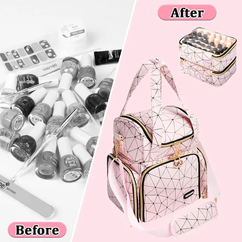 Miniatura 8 de Veirdro Bolsa organizadora de esmalte de uñas, almacenamiento de hombro de piel sintética con 2 fundas extraíbles y lámpara de uñas, capacidad