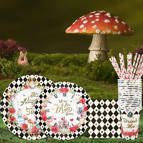Miniatura 3 de Decoraciones para la fiesta del té de Alicia - Platos de papel para baby shower, servilletas, tazas y pajitas para 24 invitados, juego de vajilla