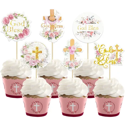 Miniatura 12 de Gyufise 25 adornos para magdalenas de la primera comunión con purpurina para la primera comunión, decoración para tartas de la primera comunión