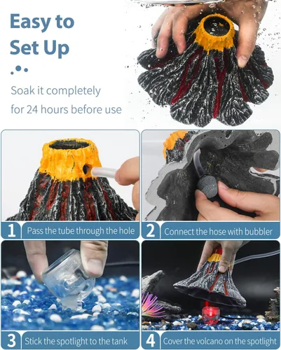 Miniatura 6 de Kit de adorno de volcán para acuario Uniclife Errupción volcánica con mini bomba de aire, foco LED rojo, piedra de aire burbujeador, tubo de línea