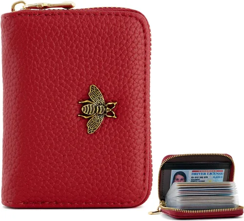 Miniatura 8 de WOZEAH Tarjetero de cuero para mujer, cartera con bloqueo RFID, con cremallera, tarjetero, para negocios, Negro, Sólido