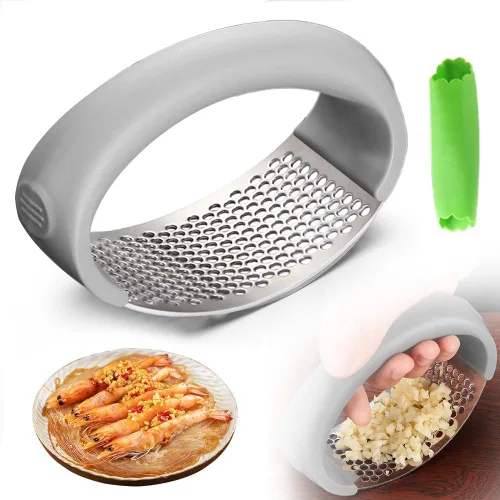 Trituradora de ajo de acero inoxidable - Prensa manual de ajo mejorada, hogar y cocina (1, gris)