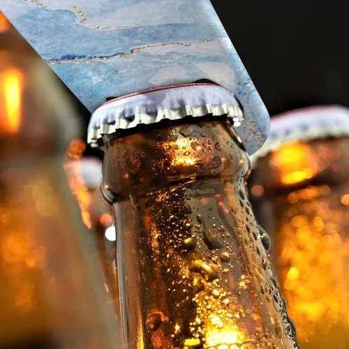 Miniatura 4 de Abrebotellas de acero inoxidable de mármol abstracto, mármol blanco y azul con venas doradas con purpurina dorada, textura de piedra falsa