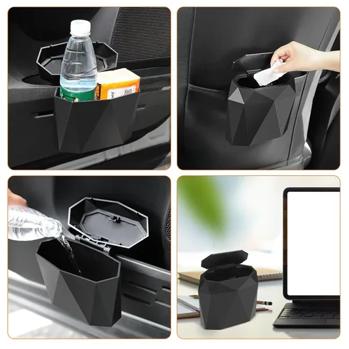 Miniatura 3 de Wontolf Mini cubo de basura para automóvil con tapa y 60 bolsas de basura, ABS diseño de diamante, organizador de automóvil, accesorios