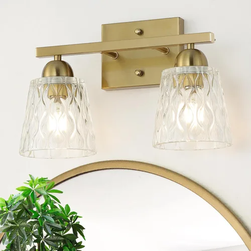 Miniatura 11 de Mecgirn Stainless Steel Bathroom Vanity Light Over Mirror, 1 Light Brushed Gold Bathroom Light Fixtures with Textured Glass Shades, Modern Vanity