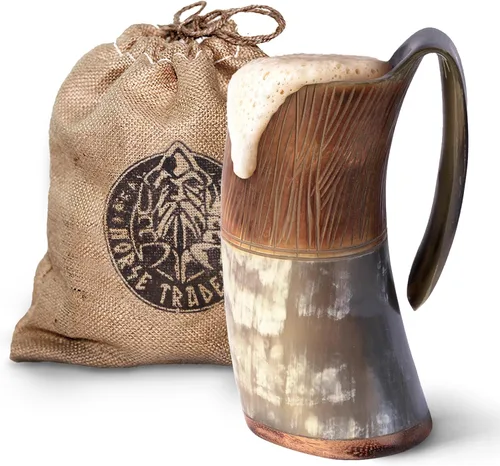Miniatura 11 de Norse Tradesman LG Viking Cuerno para Beber - Jarra de Cuerno de Cerveza 100% Auténtica con Fondo de Madera Dura y Grabados de Anillos The