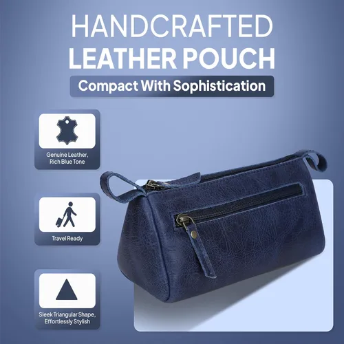 Miniatura 6 de Bolsa de maquillaje de cuero para mujer, bolsa de cosméticos de cuero genuino, bolsa de maquillaje hecha a mano con cremallera, bolsa de aseo Azul