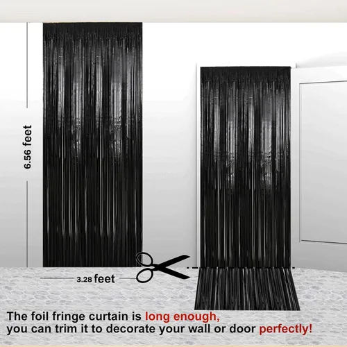 Miniatura 2 de Paquete de 2 cortinas de oropel negras de 3.28 x 6.56 pies, decoración de telón de fondo de fiesta con flecos metálicos para Halloween, Navidad