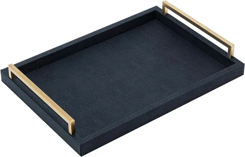 Miniatura 2 de XIGEXIGE Bandeja de servicio de piel sintética negra, 17 x 12 pulgadas, asas doradas cepilladas, bandeja decorativa para mesa de café otomana, sala