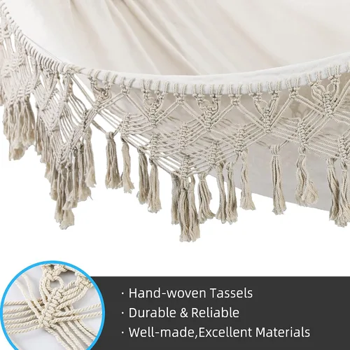 Miniatura 4 de Hamaca de interior con flecos de macramé para 2 personas, hamacas dobles bohemias con borlas, columpio portátil de cuerda de algodón hamaca