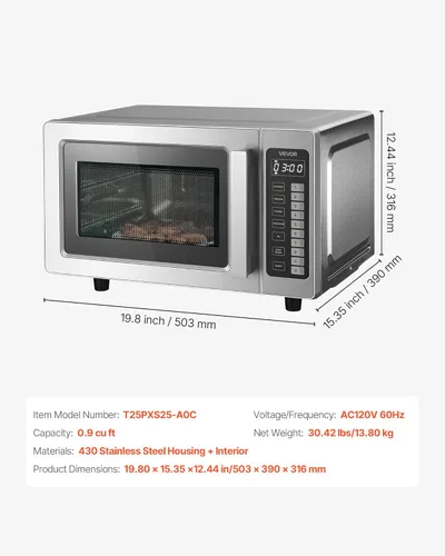 Miniatura 7 de VEVOR Horno microondas comercial, 0.9 pies cúbicos, 1000W Horno microondas digital de acero inoxidable para encimera con pantalla táctil, 10 ajustes