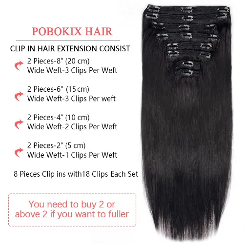 Miniatura 4 de Extensiones de cabello humano real con pinzas, extensiones de cabello humano brasileño lacio y sedoso, Remy liso y sedoso, 8 unidades, 4.23 oz