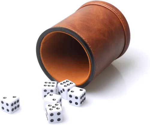 Miniatura 2 de Juego de dados de piel sintética marrón, coctelera de dados forrada de fieltro con 6 dados para juego Liars Farkle Yahtzee, paquete de 2