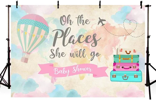 Decoración de fiesta de baby shower de niña de viaje, telón de fondo, mapa rosa, maletas, viajes alrededor del mundo, globo aerostático, Oh The