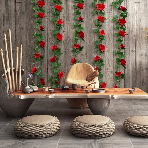 Miniatura 6 de Guirnalda de flores artificiales, 2 unidades de 15 pies (7.5 pies x 2 piezas) de seda roja, flores falsas de vid falsa para colgar hiedra, hogar