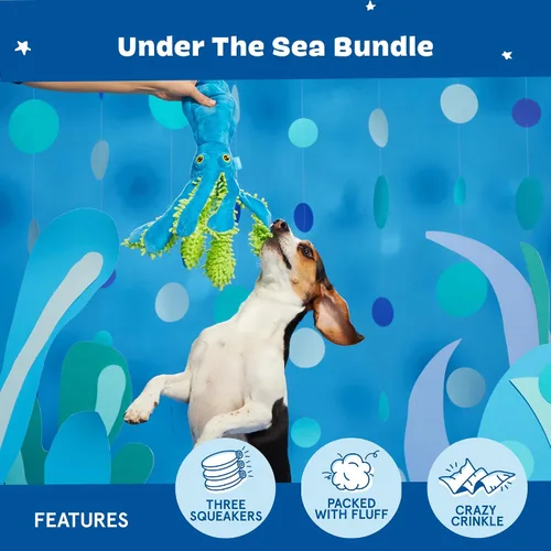Miniatura 4 de Barkbox Paquete Bajo el Mar – 3 juguetes para perros medianos y grandes – Juguete chirriante para perro, juguete de tirar, juguetes de peluche