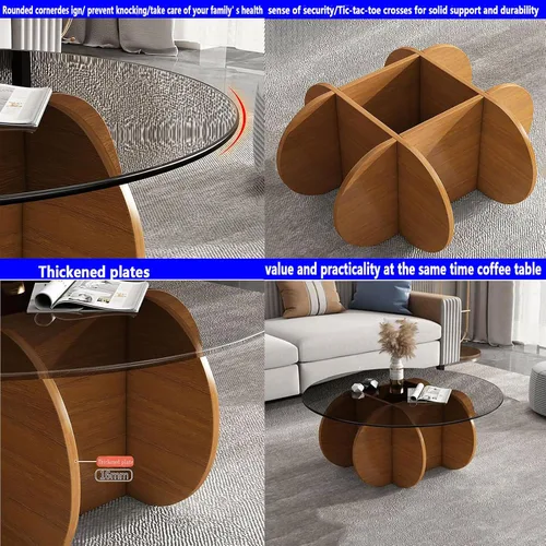 Miniatura 4 de HM&DX Mesa auxiliar redonda de cristal, base de madera maciza y parte superior de vidrio templado transparente, mesa auxiliar de café, mesa central