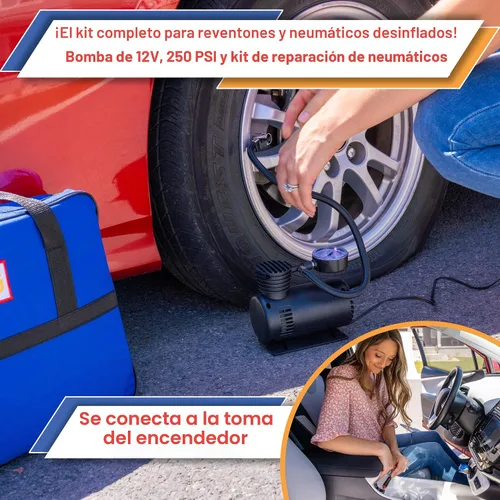 Miniatura 3 de Kit de emergencia para automóvil con compresor de aire, cables de puente, primeros auxilios, correa de remolque, medidor de neumáticos, faro Azul