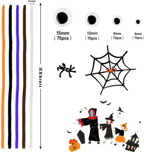 Miniatura 2 de UPINS Juego de 550 piezas de limpiadores de tubos de Halloween que incluye 5 colores de tallos de chenilla, 4 tamaños de ojos chispeantes