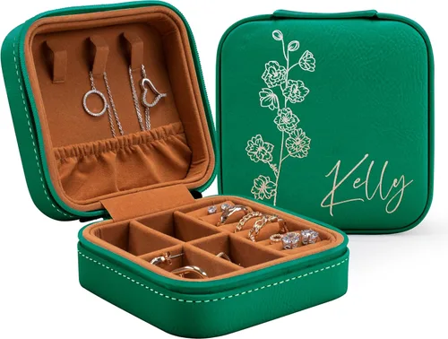 Miniatura 15 de Joyero de cuero personalizado con nombre y mes de la flor de nacimiento, regalos de cumpleaños para mujeres, estuche de viaje de joyería Negro