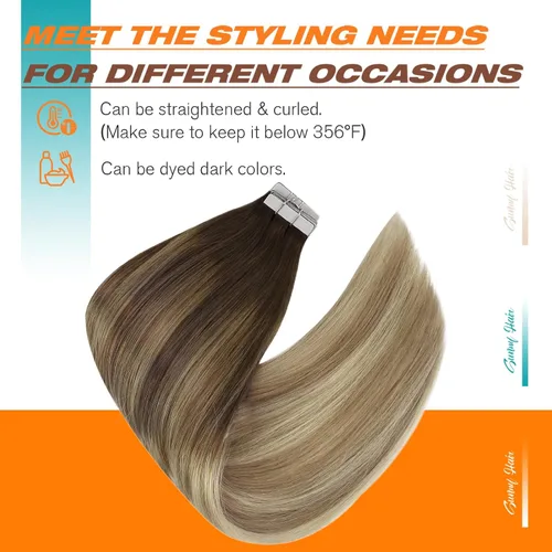Miniatura 4 de Sunny Hair - Extensiones de cabello humano para mujer, con cinta adhesiva, Remy, castaño oscuro ombré, rubio dorado oscuro con efecto balayage