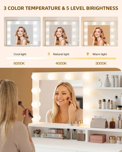 Miniatura 4 de LIVELYGLOW Tocador de maquillaje blanco con espejo HD y 10 bombillas LED, tocador de 34.3 pulgadas con estación de carga, 4 cajones, estante