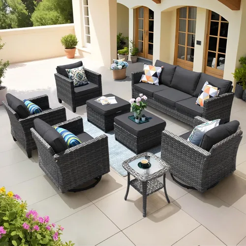 Miniatura 13 de ovios Juego de muebles de patio de 8 piezas, sofá de mimbre para exteriores con sillas giratorias, mecedora con cojines cómodos, juego de Beige