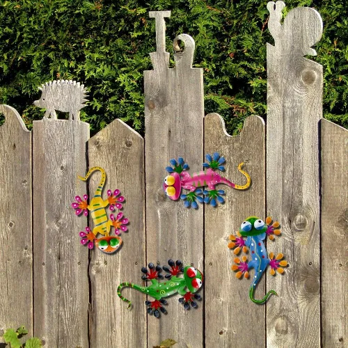 Miniatura 4 de hogardeck Gecko - Decoración de pared de metal para exteriores, paquete de 4 esculturas y estatuas de jardín de lagarto con cabeza agitada