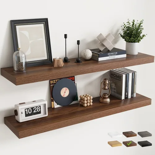 Miniatura 10 de Estantes flotantes para pared con soportes invisibles, estantes de madera de ingeniería montados en la pared con grano de madera para sala de estar