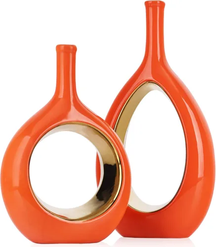 Miniatura 12 de Juego de 2 jarrones de cerámica de oro negro, moderno círculo hueco con agujero para decoración del hogar, centros de mesa, granja, chimenea, sala