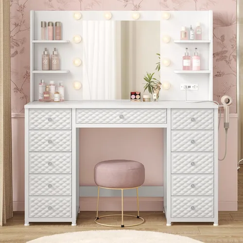 Miniatura 8 de HAUOMS Tocador con luces y espejo, tocador de maquillaje de 11 cajones con tira de alimentación, 6 estantes abiertos, escritorio de tocador de 43.3