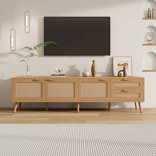 Miniatura 26 de JIVOIT Moderno soporte de TV de ratán para televisores de hasta 80 pulgadas, mesa consola inspirada en ratán con 3 gabinetes y 2 cajones, armario