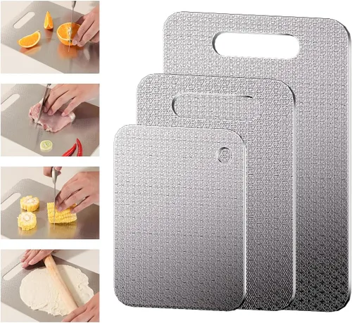 Honeycomb - Juego de tablas de cortar de acero inoxidable de 3 piezas, diseño antideslizante que reduce arañazos, perfecto para carne, verduras y