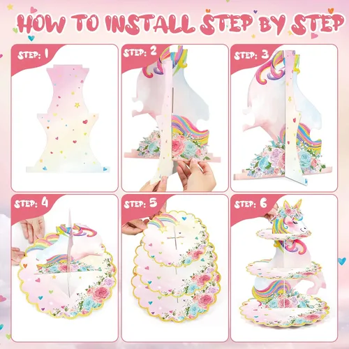 Miniatura 4 de Soporte para cupcakes de unicornio de 3 niveles, decoración de fiesta de arcoíris, unicornio, cumpleaños, soporte para cupcakes, torre de postre