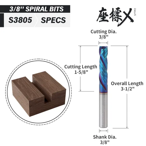 Miniatura 2 de ZahyoX Broca de enrutador CNC espiral de compresión de 3/8 pulgadas, fresadora de extremo CNC de carburo sólido recubierta NACO, diámetro de corte