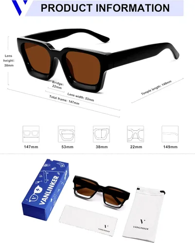 Miniatura 19 de VANLINKER Gafas de sol cuadradas gruesas para hombres y mujeres, retro, rectangulares, con protección UV400, VL9731