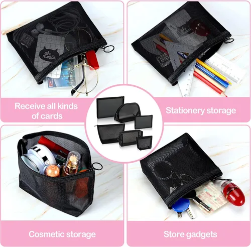 Miniatura 6 de Juego de 6 bolsas de malla negra con cremallera, bolsas de malla de nailon transparente en varios tamaños, bolsas organizadoras de artículos