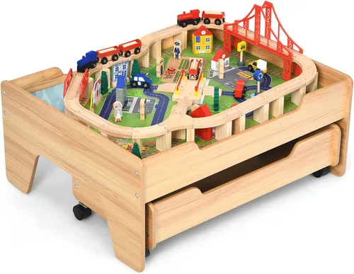 HONEY JOY Mesa de tren, mesa de actividades de madera para niños con cajón de almacenamiento, 100 piezas multicolores, pistas, trenes, autos, juego