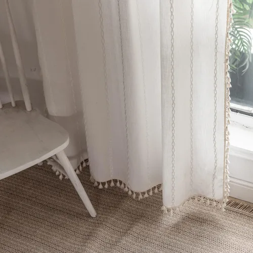 Miniatura 19 de 2 paneles de cortinas de lino semiopacas para ventana, bohemias y rústicas, con rayas bordadas y bolsillo para cortinero, para sala de estar