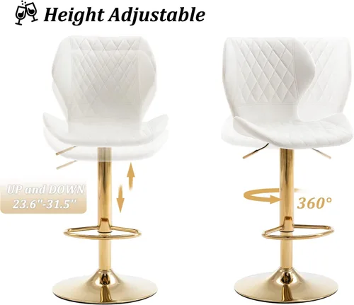 Miniatura 7 de CIMOTA Juego de 2 taburetes de bar giratorios de terciopelo blanco, sillas de bar de altura de mostrador con respaldo/base dorada, silla moderna
