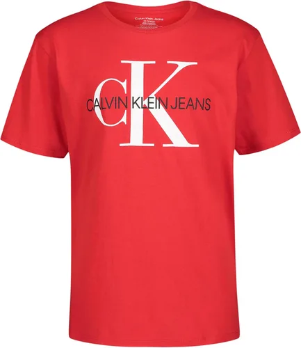 Calvin Klein Camiseta de manga corta con cuello redondo y logotipo para niños, suave, cómoda, ajuste relajado
