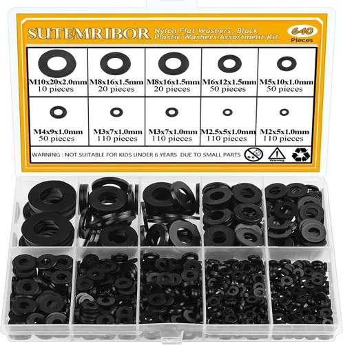 Juego de 640 Piezas de Arandelas Planas de Nylon Negras, M2-M10, Arandelas Métricas y Planas de Nylon