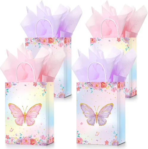 Miniatura 7 de Leinuosen 16 juegos de bolsas de regalo de mariposa para fiestas, bolsas de regalo de mariposa con papel de seda, bolsas de regalo florales rosas