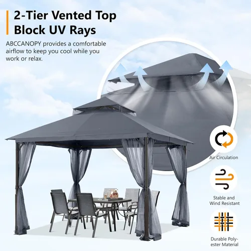Miniatura 4 de ABCCANOPY Gazebo para patio al aire libre, 11 x 11 pies, toldo de doble techo con mosquitera para patio trasero, terraza, jardín, césped, gris oscuro