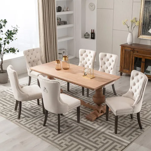 Miniatura 10 de KCC Nikki Collection - Juego de 4 sillas de comedor de terciopelo tapizadas de alta gama con anillo trasero de clavo, patas de madera maciza