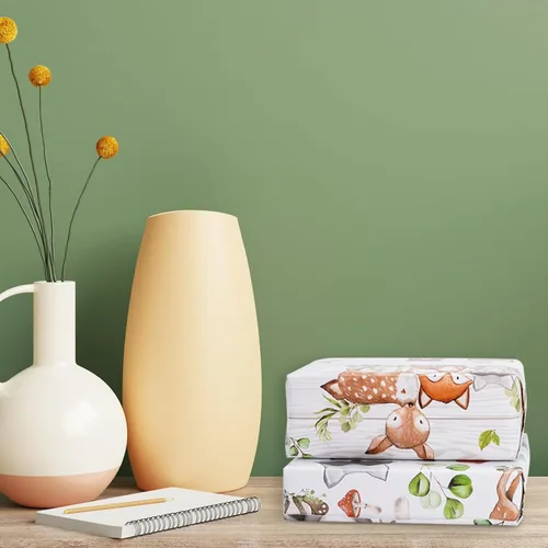 Miniatura 6 de AnyDesign 12 hojas de papel de regalo de criaturas del bosque, papel de regalo de eucalipto de animales de la selva, papel de arte plegado plano