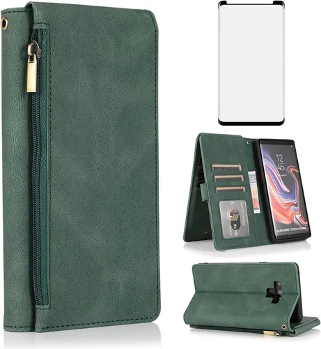 Asuwish Compatible con Samsung Galaxy Note 9 - Funda tipo cartera de vidrio templado, protector de pantalla y cremallera de cuero retro, soporte